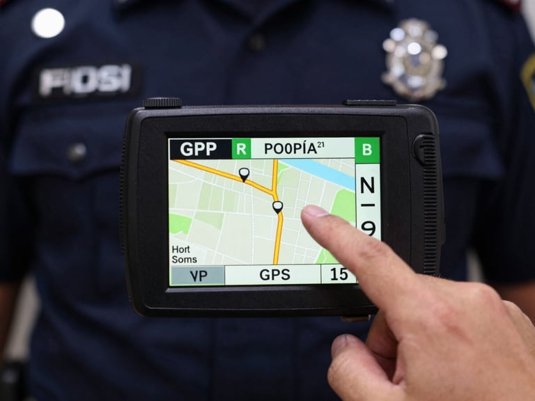 Close-up of a GPS device screen showing a patrol route, with a uniformed hand pointing, sharp daylight, deep navy and amber tones, high contrast, 35mm lens