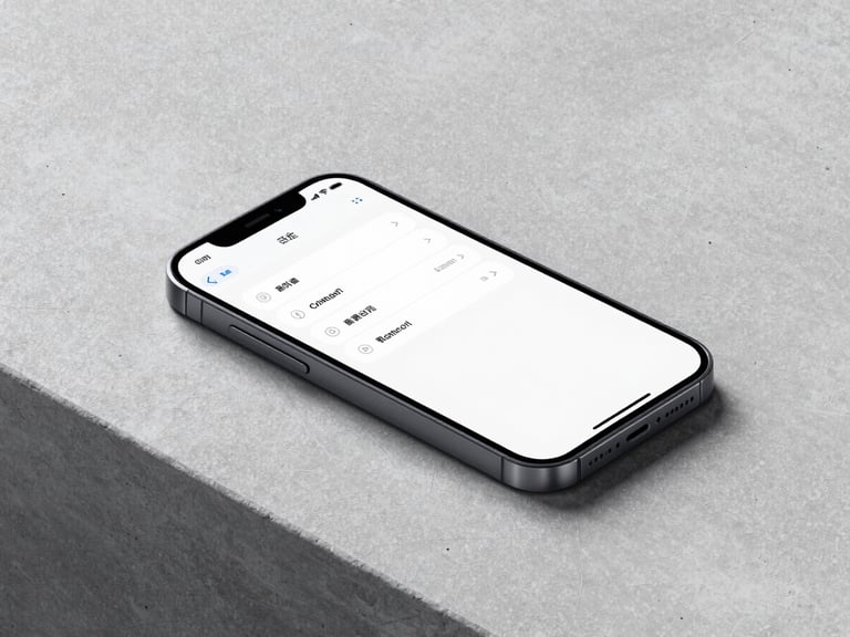 A high-end minimalist smartphone lying on a concrete desk, displaying a clean mobile application interface, sharp focus, 35mm lens