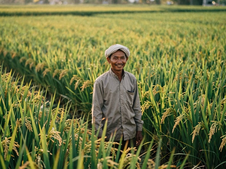 Warm editorial photography of an Indonesian farmer smiling in a lush green rice field, golden hour sunlight, rich emerald tones, medium format film