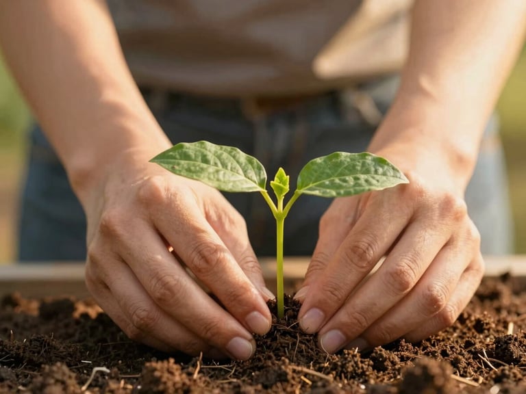 Close up of hands carefully planting a young green sprout into rich soil, soft golden light, warm editorial style