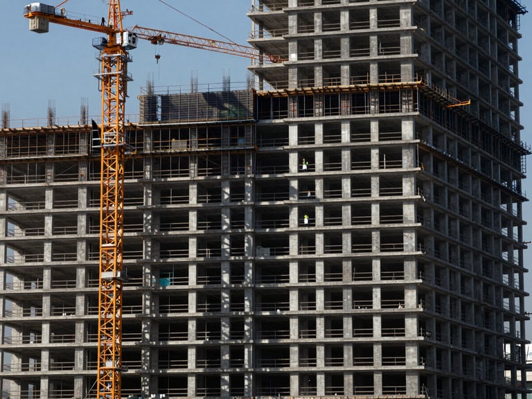 Wide shot of a high-rise building under construction, cranes in the background, workers in safety gear on scaffolding, sharp industrial photography, high-contrast natural daylight, deep navy and metallic tones, crisp focus, 35mm architectural lens.