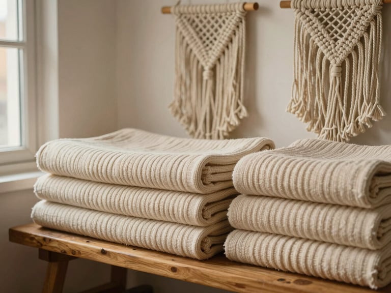 Close-up of macrame wall tapestries and ribbed cotton throws stacked neatly on a low wooden bench in a sunlit studio, 35mm