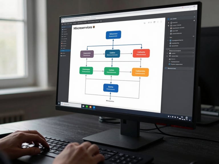 Oblique angle shot of a developer's monitor showing a complex microservices architecture diagram with terminal overlays, keyboard hands partially visible at the bottom frame, high-contrast daylight from a window on the left side, dark desk surface