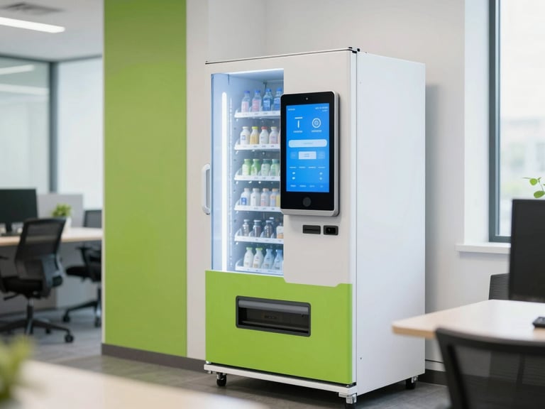 Bright modern office breakroom with a sleek smart vending machine, clean natural indoor light, vibrant green accents, sharp focus.