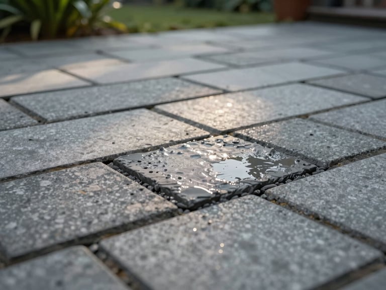 Close-up of freshly laid stone paving on a garden terrace in soft north-facing daylight, wet mortar visible at joints, green garden edge in background