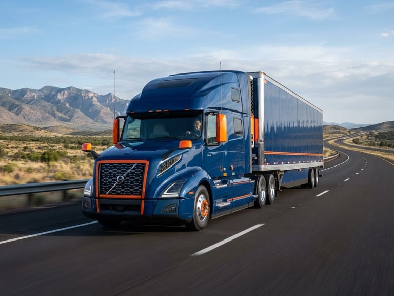 A modern class-8 commercial truck driving on an open highway under crisp morning daylight, high-contrast deep blue and safety orange tones, editorial depth of field.
