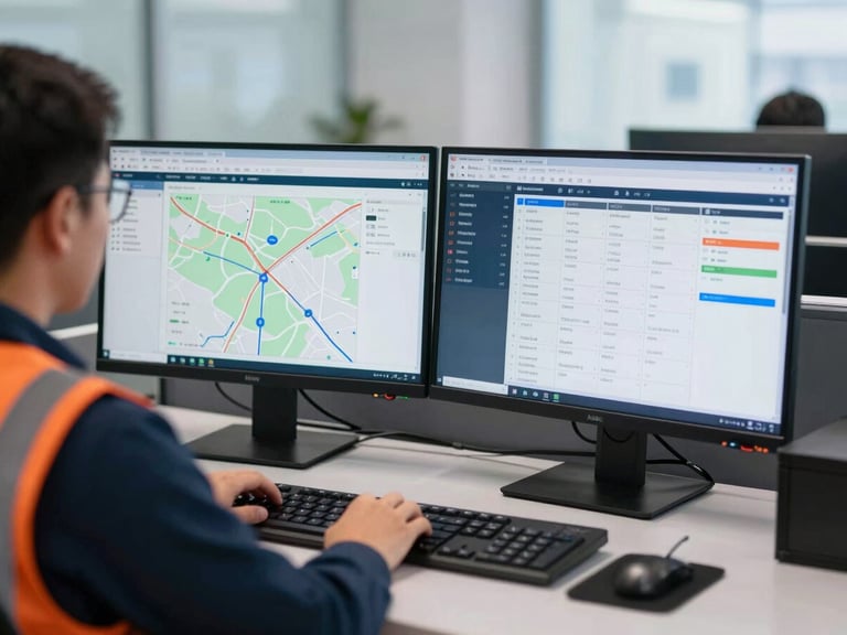 A professional dispatcher in a clean logistics control room looking at dual-monitor setups displaying logistics dashboards and route planning software, crisp daylight