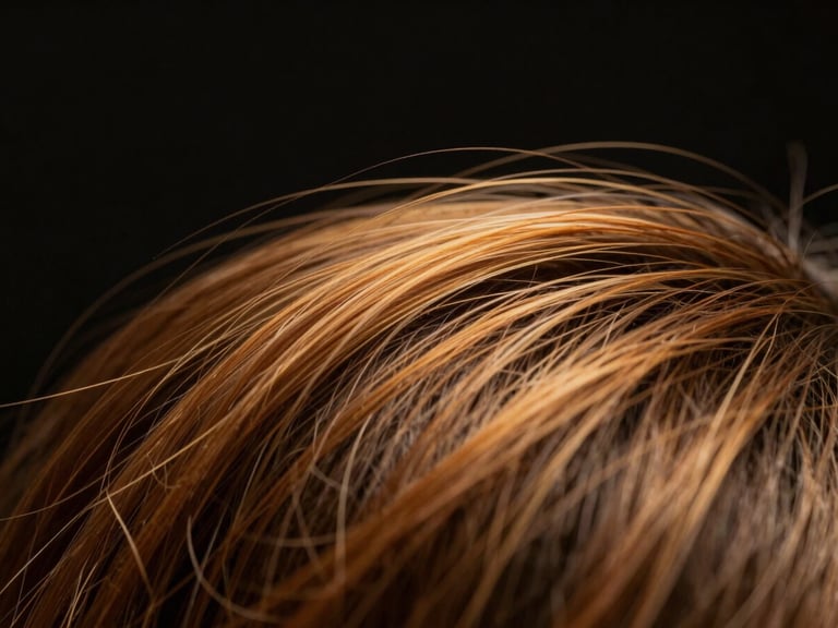 Macro shot of a hair strand under a microscope, showing healthy hair fiber, warm studio lighting, rich black background, shallow depth of field, 85mm lens