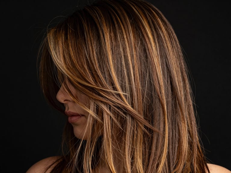 Close-up of a woman's hair, showcasing subtle, multi-dimensional 'Morena Iluminada' highlights, warm studio lighting, rich black background, shallow depth of field, 85mm lens