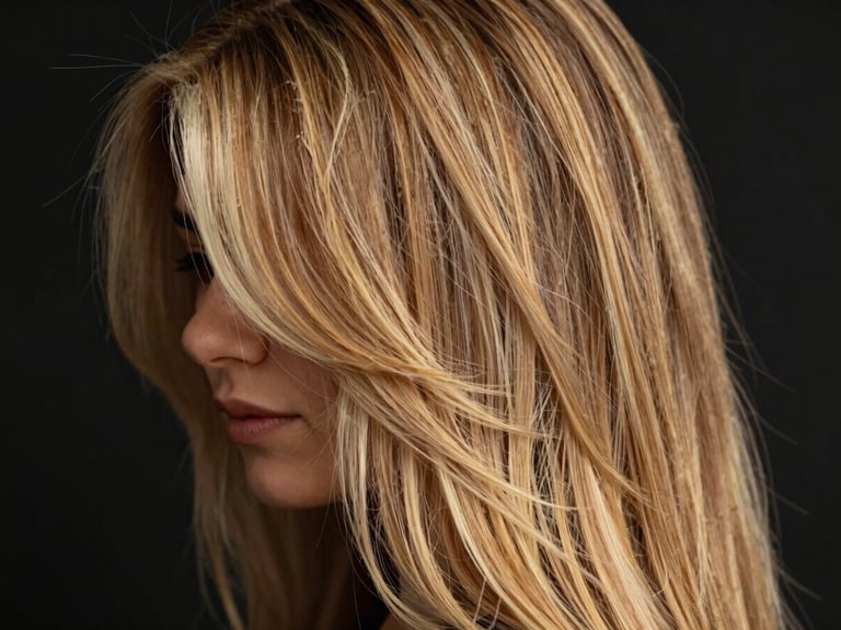 Close-up of a woman's hair, showcasing multi-dimensional premium blonde highlights with natural root blend, warm studio lighting, rich black background, shallow depth of field, 85mm lens