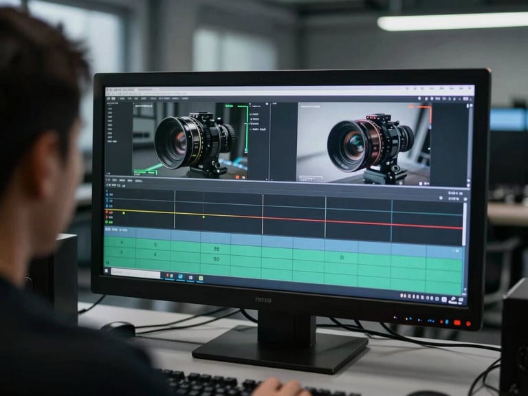 Over-the-shoulder view of an editing bay with high-contrast video timeline on screen, cool-toned industrial daylight, gritty slate textures, sharp 35mm lens