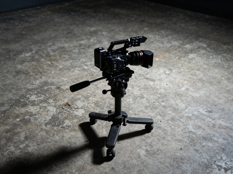 Low-angle dynamic shot of a camera rig on a concrete floor filming streetwear apparel, high-contrast studio lighting, moody shadows, sharp 35mm lens