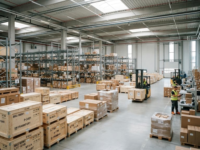 Crisp industrial photography of a modern clean warehouse interior, organized shipping crates with clear labeling, bright neutral daylight, sharp focus, 35mm