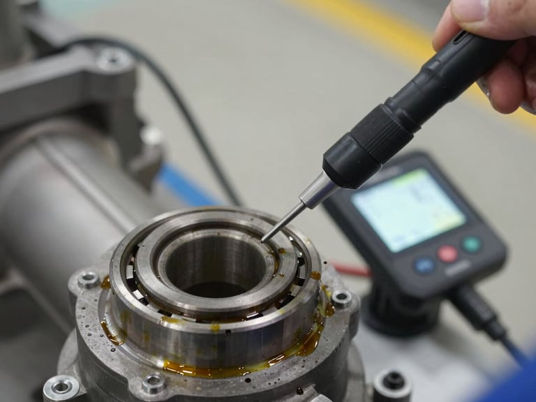 Overhead close-up of a vibration data collector probe held against a pump housing bearing cap, oil residue on the metal surface, data display screen faintly visible, industrial ambient light