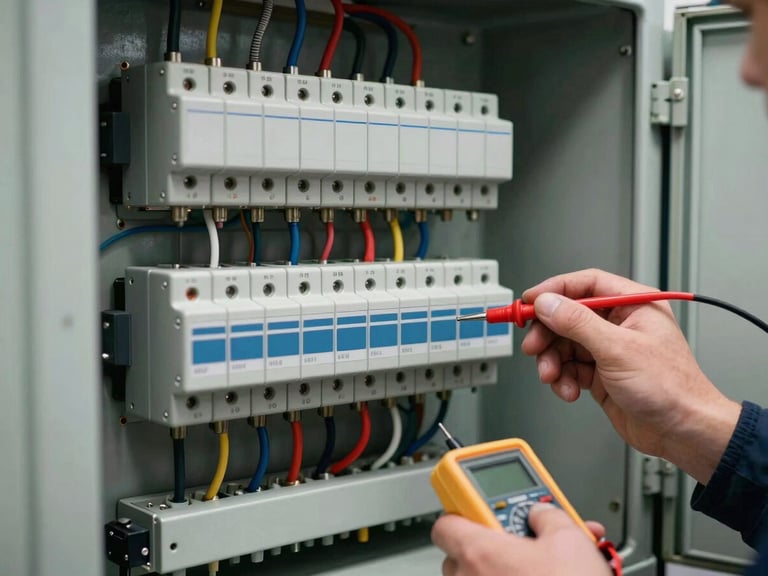 Close-up of an open industrial electrical panel showing terminal blocks, relay rows, and wiring looms, a technician's hand holding a multimeter probe against a terminal, shop-floor lighting