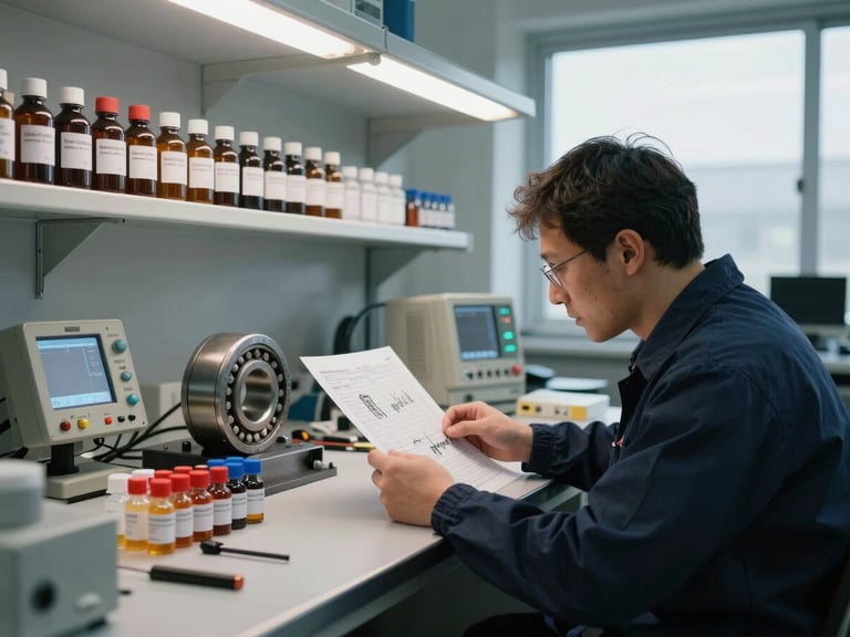 Wide shot of a technician at a workbench reviewing oil analysis sample vials and a bearing wear chart under industrial window light, rows of labeled sample bottles on a metal shelf behind, diagnostic instruments visible on the bench surface
