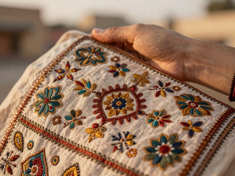 Close-up of a hand holding a beautifully embroidered textile with traditional Punjabi motifs, warm natural light, soft focus background.