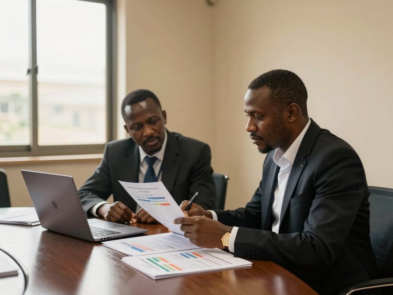 Medium environmental shot inside a Kampala conference room — two professionals seated at a round table reviewing printed strategy documents and a laptop, available daylight from a side window, warm-toned walls, no posed smiles, focused and deliberate atmosphere