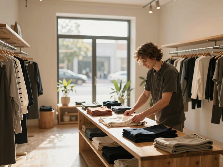 Wide environmental shot of a small boutique retail interior, owner folding garments near a display table, warm afternoon light through a front window, natural wood fixtures visible
