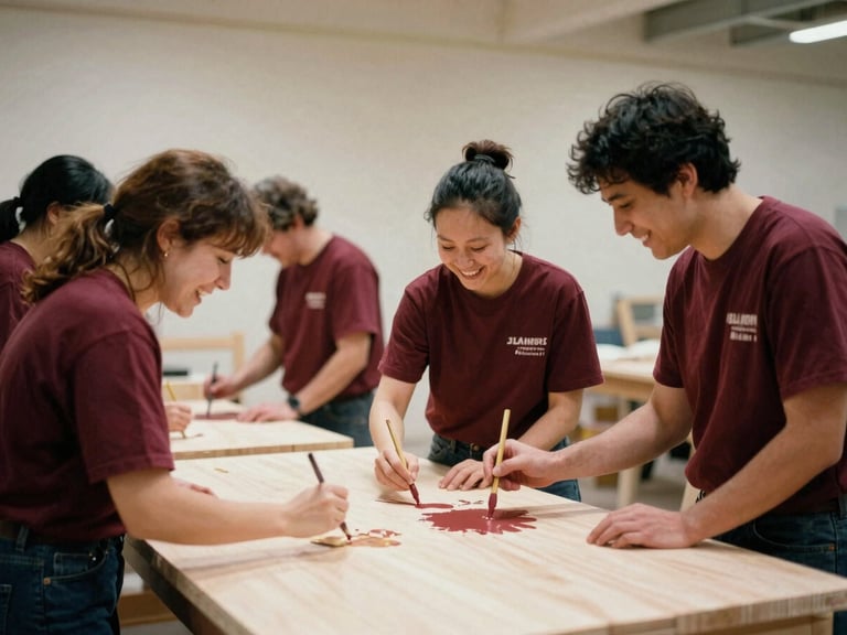 Volunteers backstage laughing while painting a wooden flat, warm workshop environment, authentic candid 35mm film grain