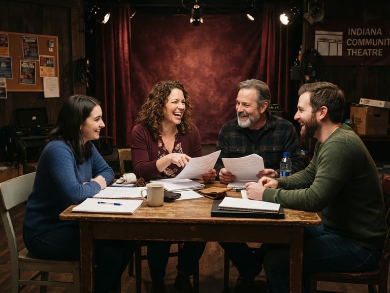 Intimate warm-lit community theatre rehearsal room in Indiana, local actors laughing and collaborating around a wooden table, soft stage spotlighting, rich burgundy tones, candid 35mm film style.