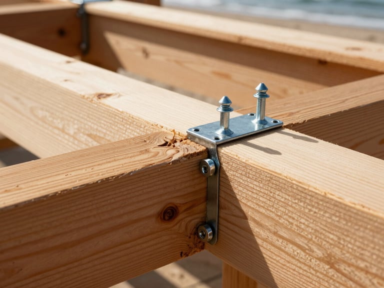 Close-up architectural shot of heavy-duty stainless steel fasteners securing thick cedar joists, sharp focus on hardware, bright coastal daylight, 35mm.