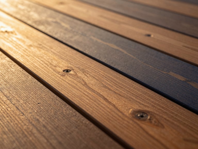 Macro shot of a perfectly flush transition between ipe wood planks, zero visible screws, golden-hour sunlight highlighting the rich wood grain, 35mm.