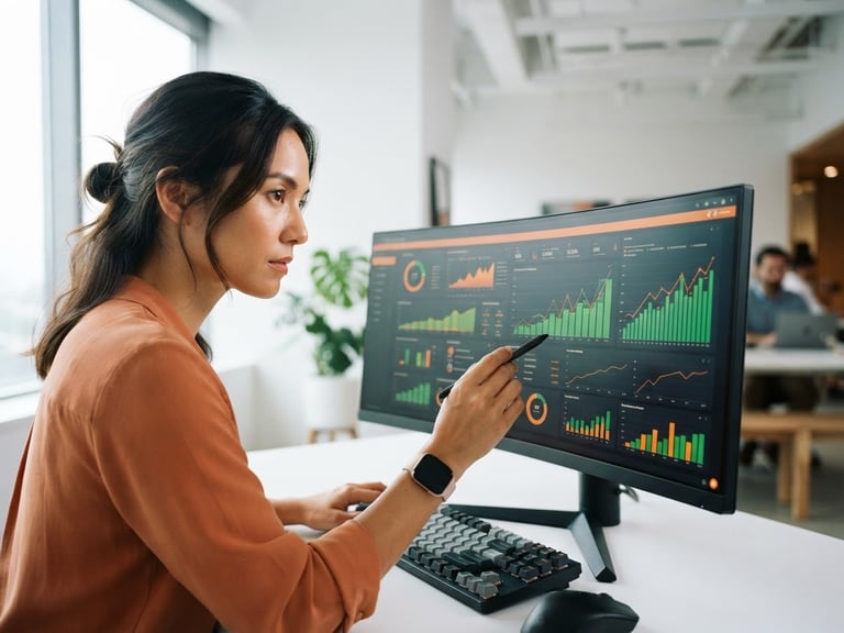 Close-up dynamic angle of a marketer analyzing a dashboard on a screen with rising green charts, sharp natural light, orange accents, minimalist office, 35mm