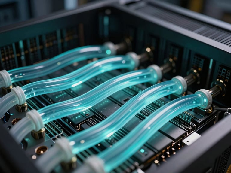 Macro low-angle shot of glowing cyan liquid cooling tubes weaving through a dense array of server processors, dark background, high contrast