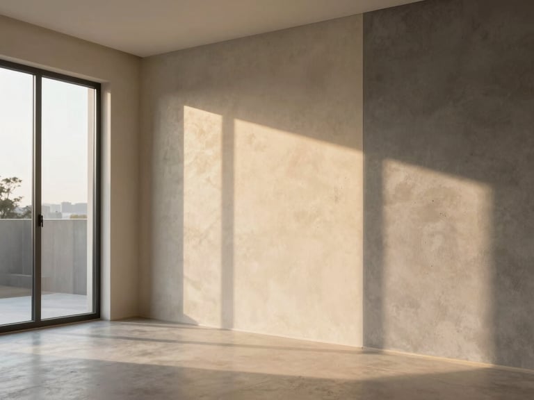 Wide interior room shot at golden hour, warm directional sunlight entering from a large window on the left, illuminating a full-height clayxible-finished wall on the right showing two adjoining panels in different tones—one warm ivory Calcare, one cooler Cenere—revealing how the same surface reads differently under the same light, minimal furniture