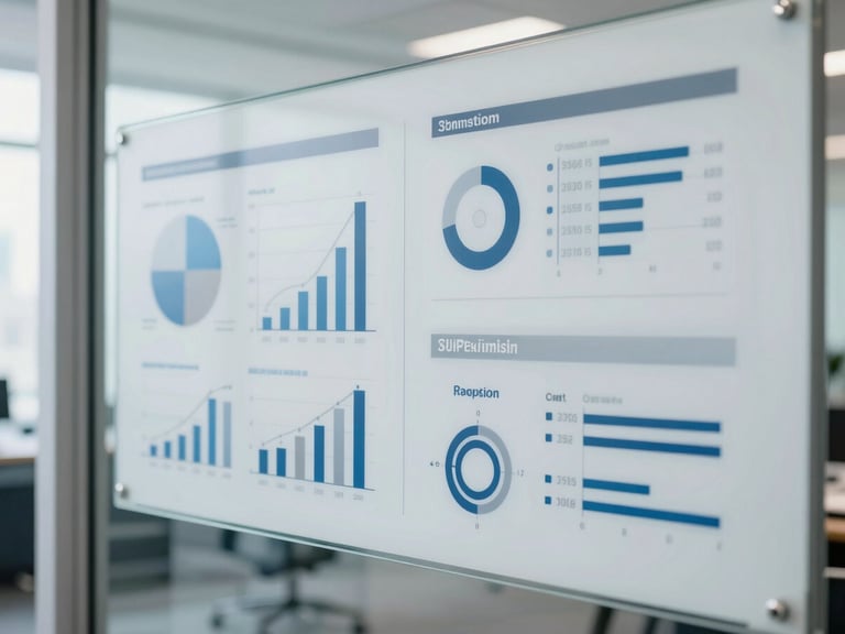 crisp corporate photography, clean data visualizations on a glass screen in a polished corporate environment, bright natural lighting, cool professional tones, 35mm
