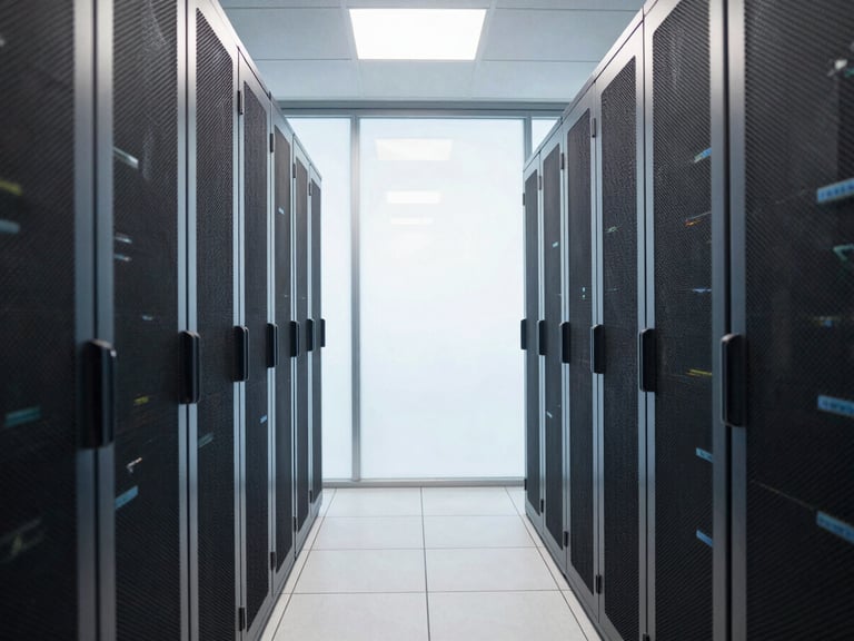 crisp corporate photography, wide structured composition of a modern data center corridor with bright natural lighting, cool professional tones, high resolution, 35mm