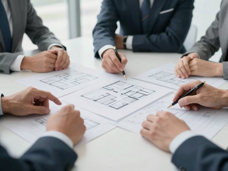 crisp corporate photography, strategic planning session with hands reviewing architectural diagrams on a conference table, bright natural lighting, cool professional tones, 35mm