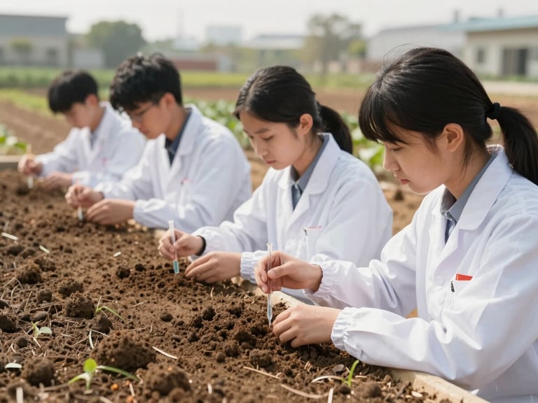 Students learning soil analysis techniques in an agricultural field, bright natural daylight, warm authentic color palette, professional documentary style