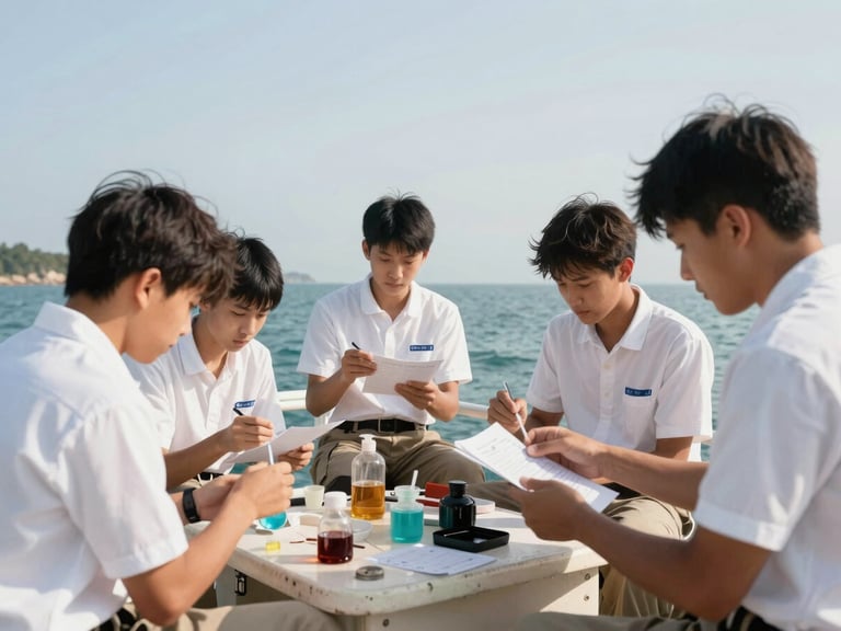 Students conducting marine biology research on a small boat near the coast, bright natural daylight, warm authentic color palette, professional documentary style