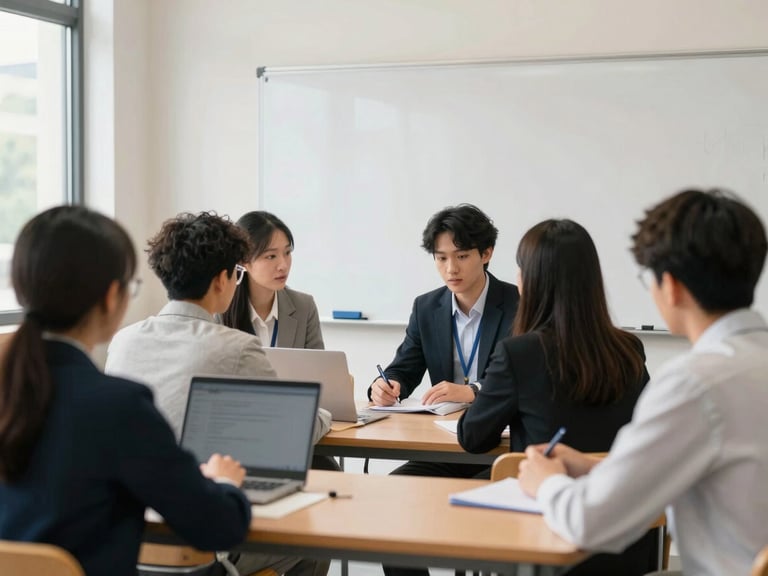 Students collaborating on a business project in a modern classroom, focused on a whiteboard, bright natural daylight, professional documentary style