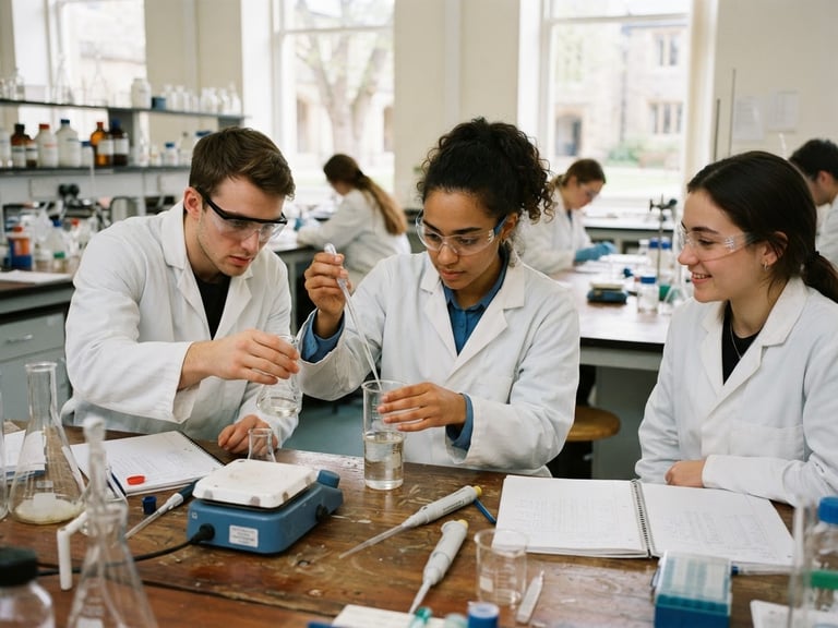 Students actively engaged in a hands-on learning activity in a well-lit campus laboratory, professional documentary style, 35mm