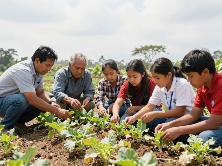 Students and local farmers collaborating in a research plot, examining healthy crops, bright natural daylight, authentic Bicolano setting.