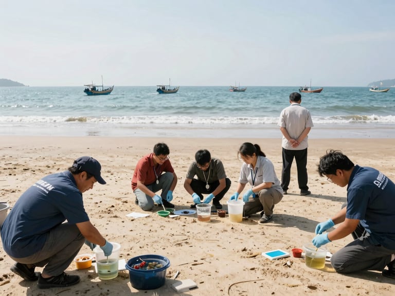 Researchers collecting water samples near a clean coastline, small fishing boats in the distance, bright natural daylight, professional documentary style.