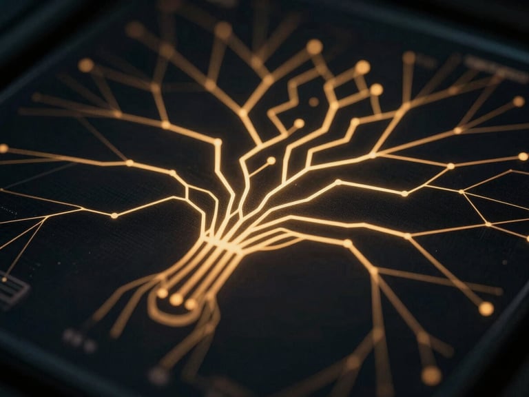 Abstract close-up of advanced AI neural network visualization on a dark screen, with subtle golden glow, dramatic low-key lighting, deep black and warm gold tones, cinematic, 35mm lens