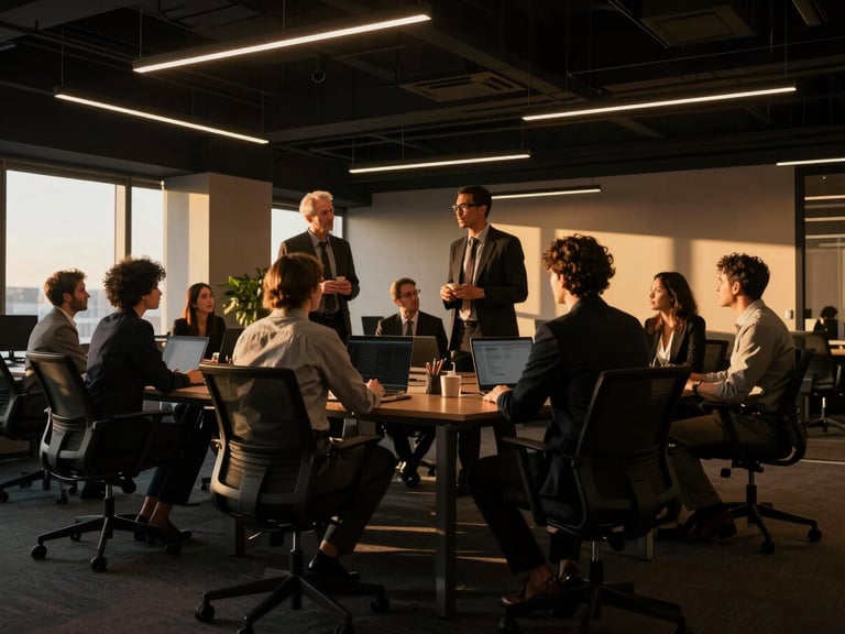 Diverse group of executives collaborating in an open, modern office space, warm golden-hour highlights, dramatic low-key lighting, deep black and warm gold tones, cinematic, 35mm lens