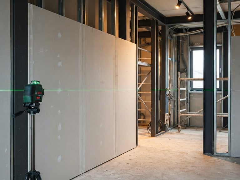 Professional green laser level on a tripod projecting a horizontal line for drywall installation at a construction site.