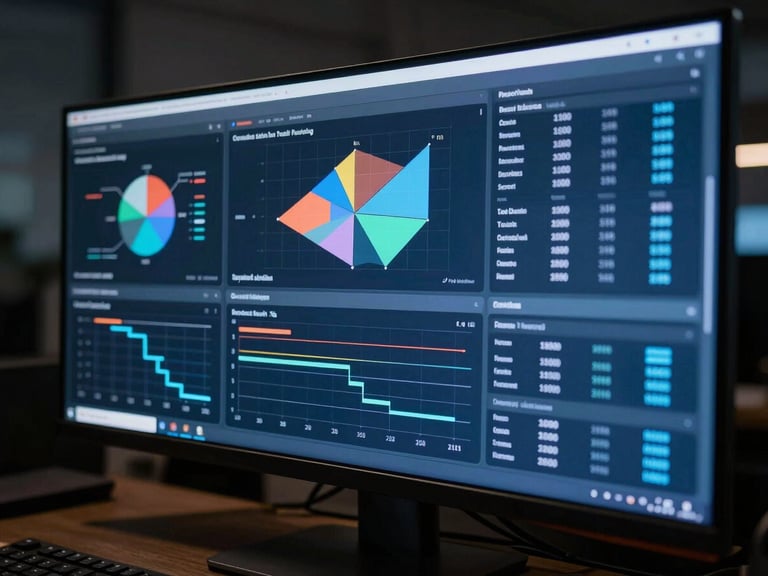 Close-up of a multi-panel data dashboard on a large monitor in a dark workspace—brand positioning matrices, sector maps, parallel project timelines visible on screen—cool blue interface glow, high contrast, no people, architectural environment