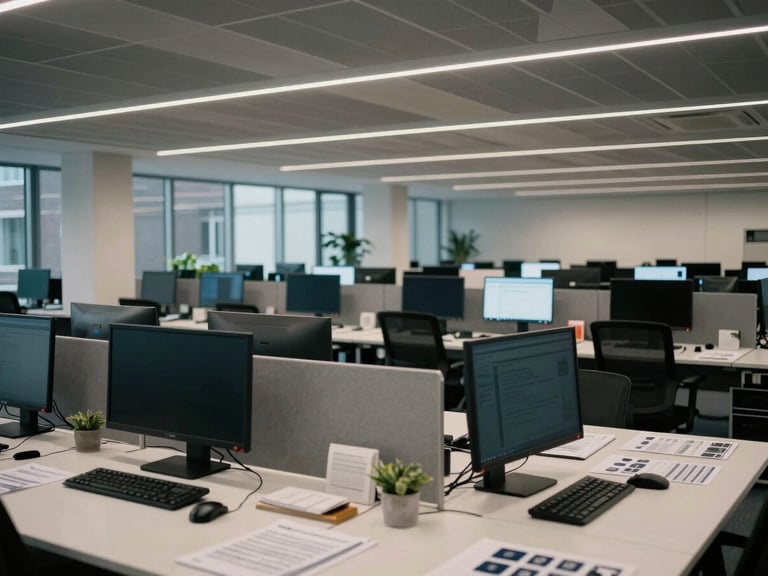 Wide architectural interior of a structured workspace in Apeldoorn—multiple desks with screens, geometric ceiling lines, even cool light, brand collateral documents spread across surfaces, no people present, calm and systematic atmosphere
