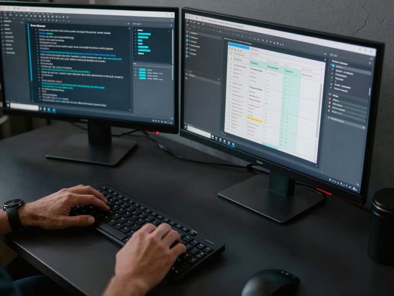 Overhead view of hands working at a desk with two large monitors showing AI interface workflow diagrams and brand naming matrices—cool studio lighting, dark surface, precise geometric UI elements visible, no faces, documented workspace environment