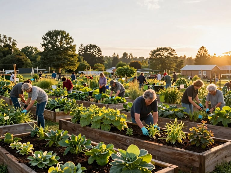 A vibrant community garden in Oregon, Ohio during late afternoon, local residents of various ages working together tending to raised beds, warm golden light.