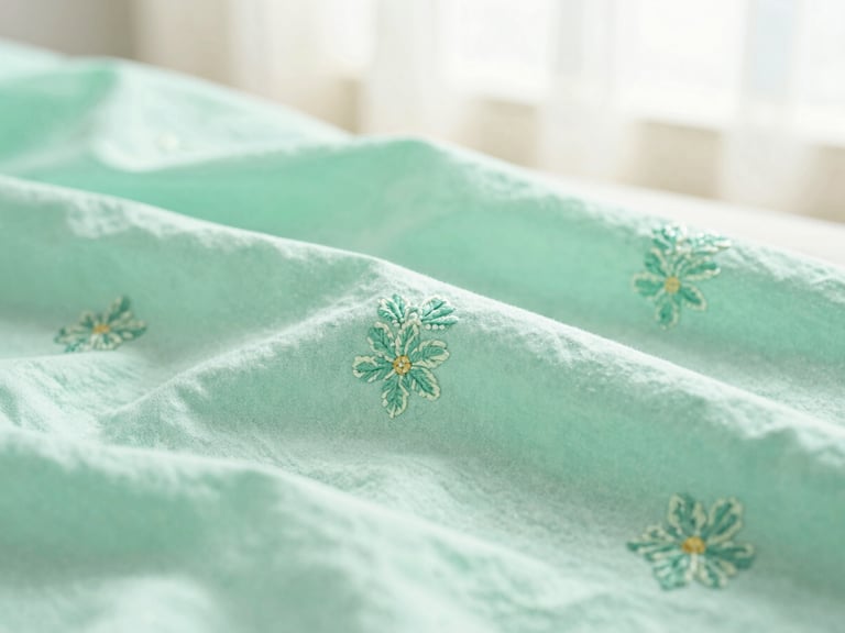 A close-up of premium mint green cotton fabric with delicate hand-stitched floral embroidery, soft natural window light, shallow depth of field.