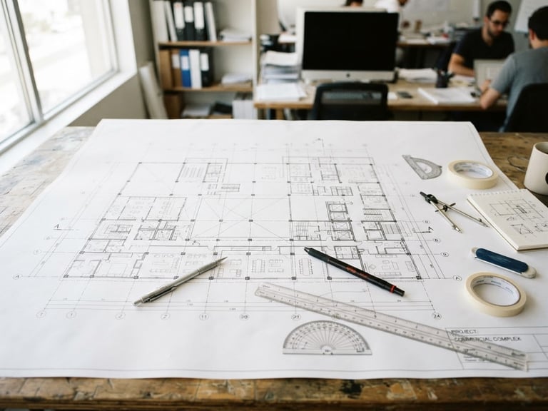 Technical architectural blueprint of a commercial building layout on a desk, sharp lines, bright natural daylight, engineering tools nearby, 35mm