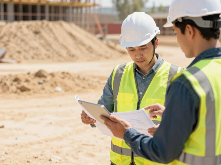 Project manager in a hard hat and safety vest reviewing blueprints on a tablet at a construction site, interacting with a client, bright natural daylight, warm sand and slate tones, sharp focus, 35mm lens