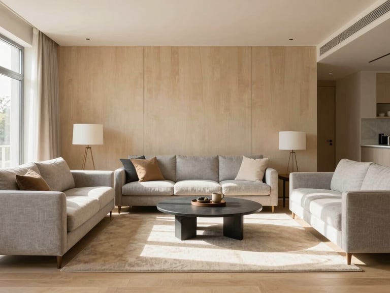 Bright, modern living room interior design, natural light flooding in, warm sand and light grey tones, stylish furniture, architectural photography, sharp focus, 35mm lens